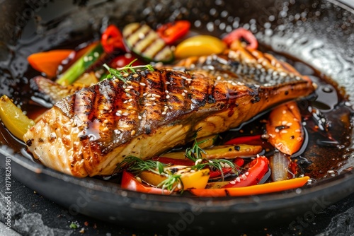 Grilled mackerel with teriyaki sauce and stir fried vegetables on stone background photo