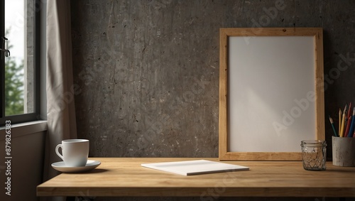 Blank wood A4 frame mockup interior background, looped motion, 3d rendering. Empty cycled vertical painting placard mock up. Clear desk border with canvas panel template 