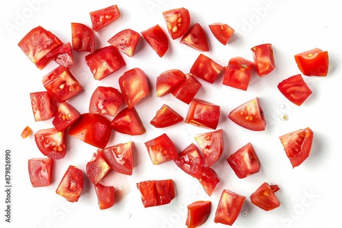 Group of diced plum tomatoes isolated Fresh sliced cherry tomatoes and cocktail tomatoes on white background viewed from top photo