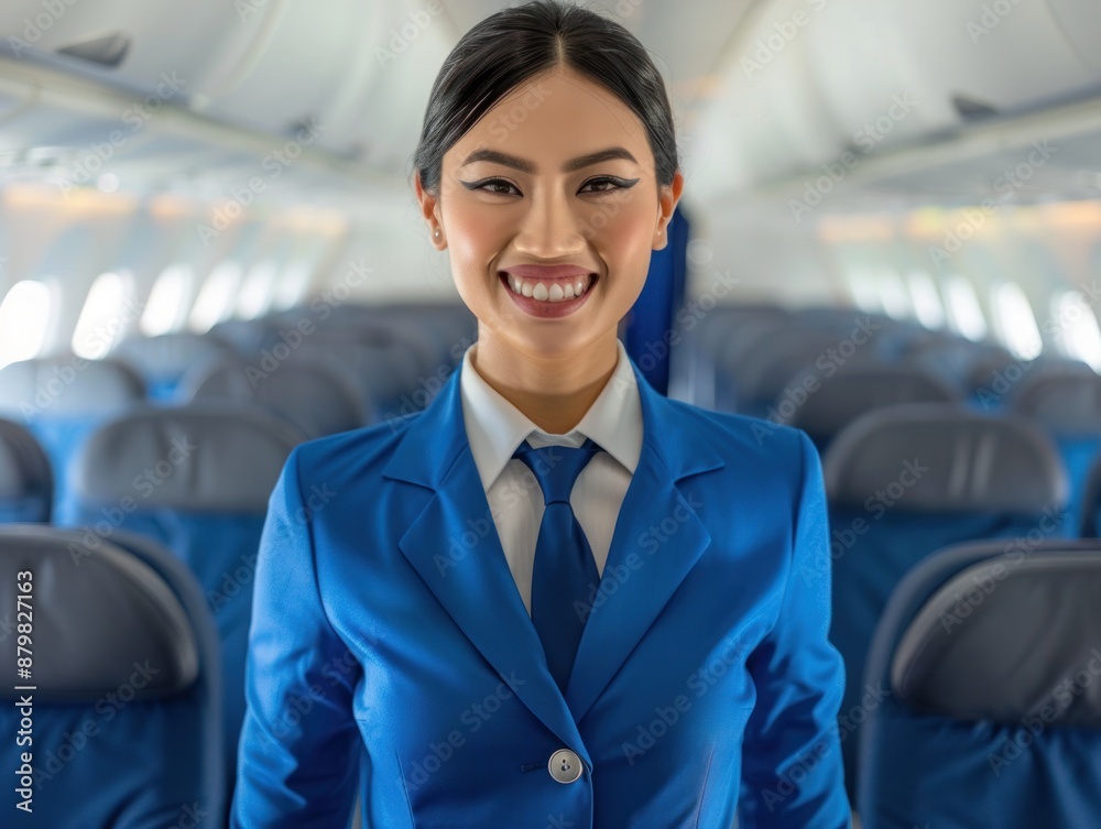 Smiling Flight Attendant in an Airplane Cabin Smiling Flight Attendant in an Airplane Cabin