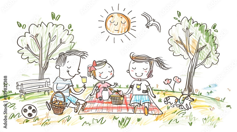 Draw a family having picnic in the park, doodle style Draw a family having picnic in the park, doodle style