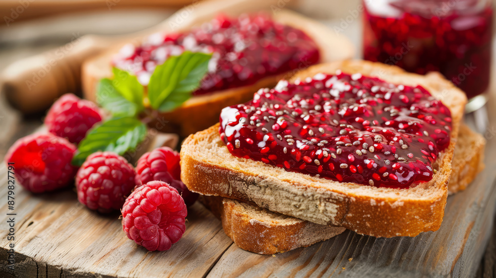 Delicious sugar-free raspberry chia seed jam spread on toast, perfect for healthy breakfast and snacks Delicious sugar-free raspberry chia seed jam spread on toast, perfect for healthy breakfast and snacks