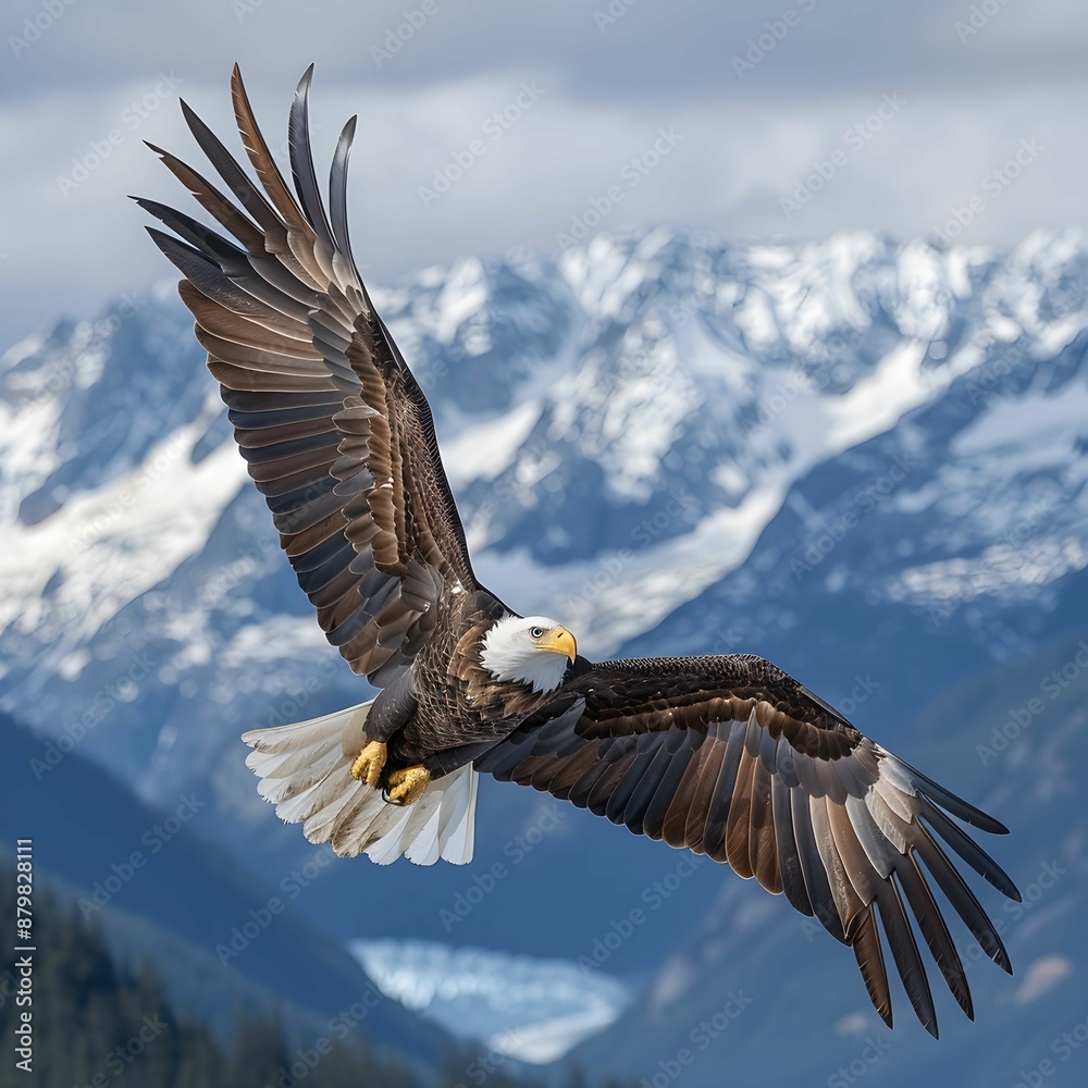 Obraz premium Bald eagle soaring through blue skies.