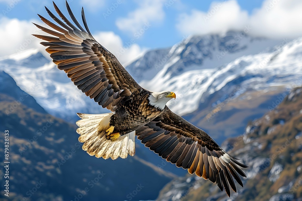 Fototapeta premium Bald eagle gliding above scenic landscapes.