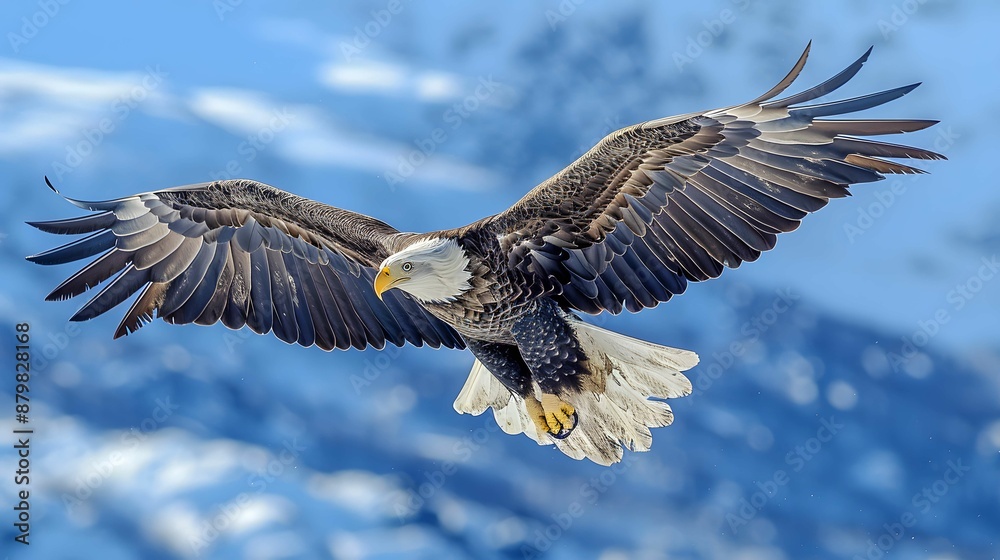 Naklejka premium Bald eagle soaring through a clear blue sky.