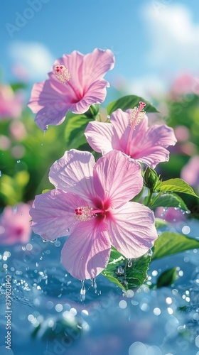 Pink hibiscus flowers and water drops abstract