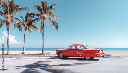 Classic red car parked by the shore, evoking nostalgia and summer vibes with its vintage charm against a backdrop of palm trees and ocean waves. Gataway and retro traveling in exotic Caribean concept photo