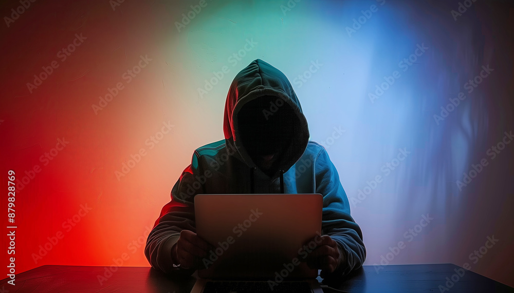 Silhouetted figure in hoodie sitting by laptop, illuminated gradient ...