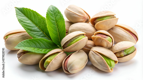 Pistachios with leaves on white background