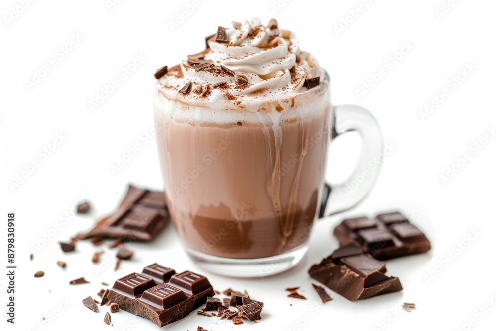Hot chocolate dessert on white background with chocolate sauce or topping Hot chocolate dessert on white background with chocolate sauce or topping