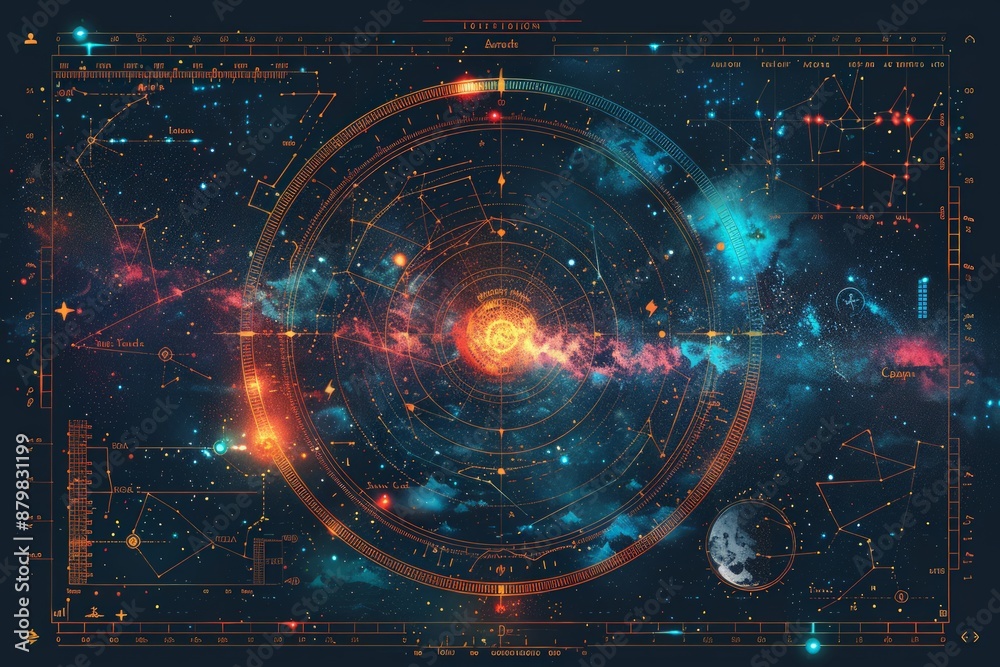 Obraz premium Detailed celestial map featuring constellations and cosmic elements, ideal for astronomy and space exploration concepts.