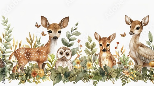 Fototapeta Naklejka Na Ścianę i Meble -  Watercolor illustration of cute deer, owl, and flowers in a forest setting.