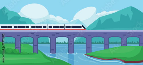 Train on bridge in mountain landscape. Modern urban architecture and transport technologies. Railway for adventure and travel, nowaday vector scene