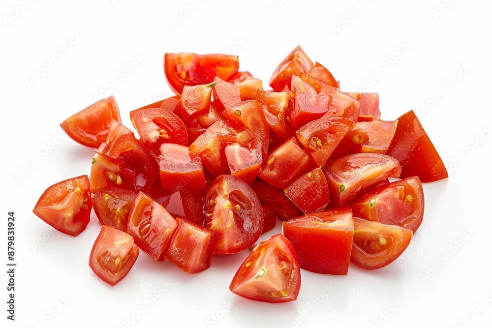 Isolated group of diced plum tomatoes sliced cherry and cocktail tomatoes on white background Isolated group of diced plum tomatoes sliced cherry and cocktail tomatoes on white background
