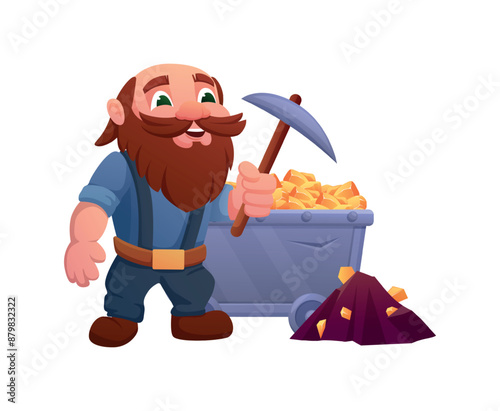 Cartoon man with pickaxe mines precious stones. Miner, gnome gold miner. Trolley with golden bars or jewelry. Funny cave vector character