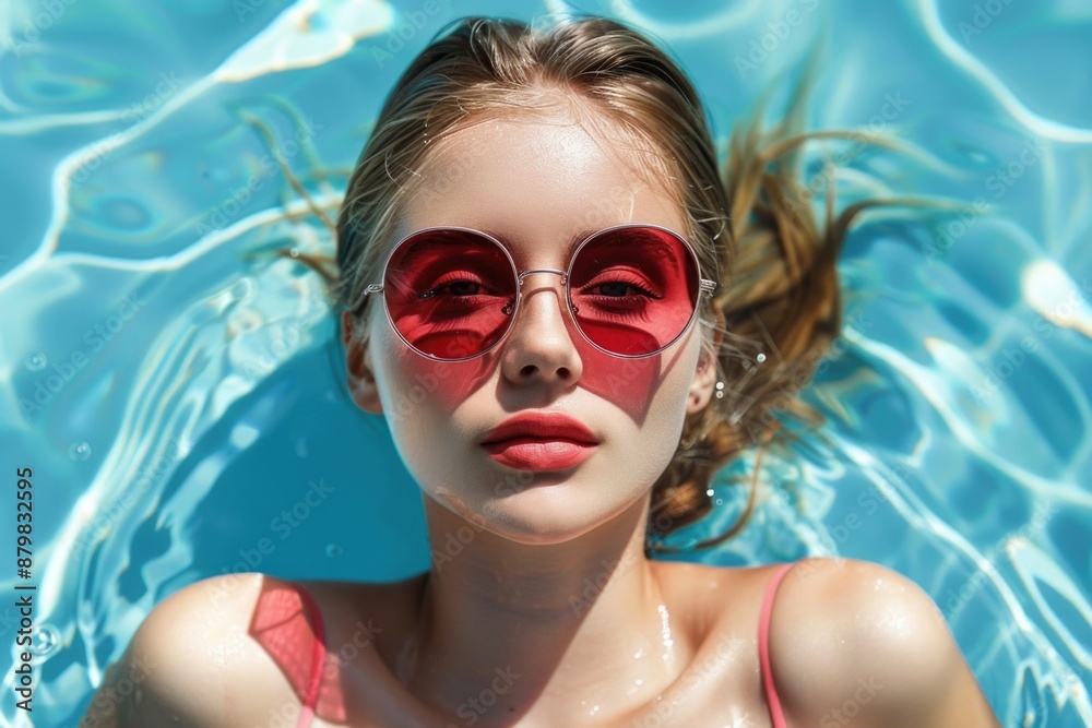 A stylish woman with red sunglasses serenely floats in a refreshing pool