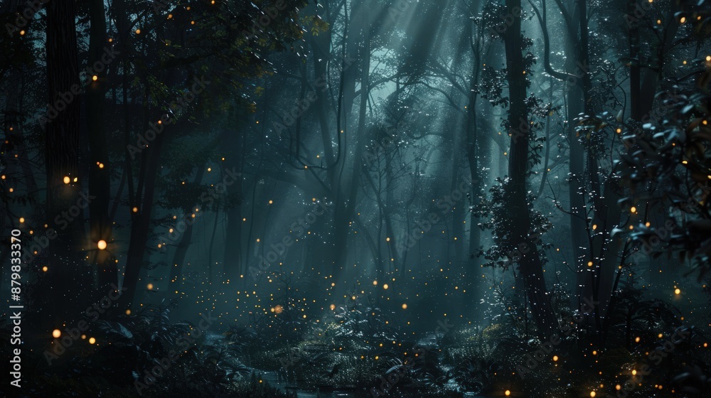 Fototapeta premium A forest at night with fireflies lighting up the trees. Generate AI image