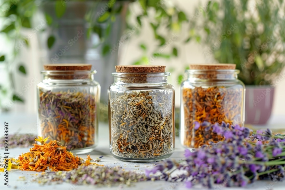 Jars of dried herbs including lavender and calendula for herbal tea Alternative medicine option Jars of dried herbs including lavender and calendula for herbal tea Alternative medicine option