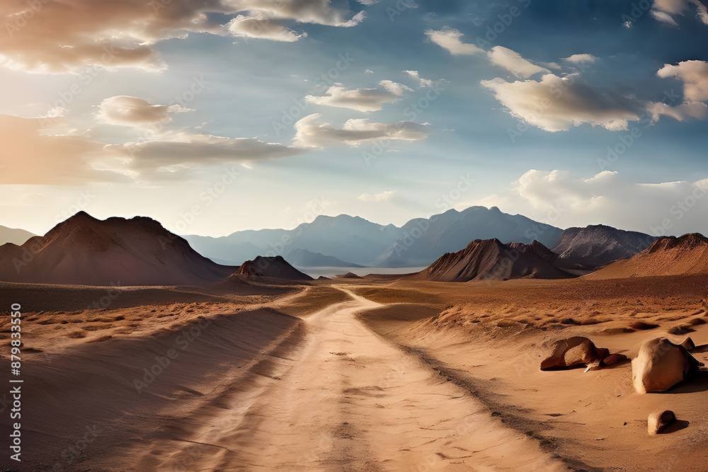 A vast expanse of golden sand stretches towards majestic mountains, their peaks piercing the clear blue sky. A lone dirt road cuts through the dunes, inviting exploration of this epic desert landscape