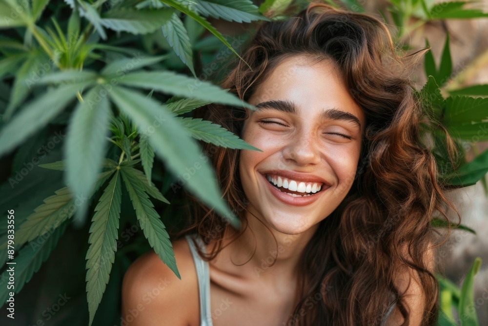 A woman with long, curly brown hair smiles widely as she peeks out from behind a bush of green leaves