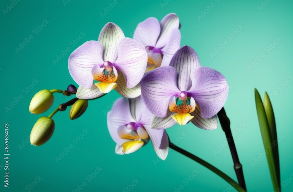 Obraz premium Delicate orchids on a light green background with space for text