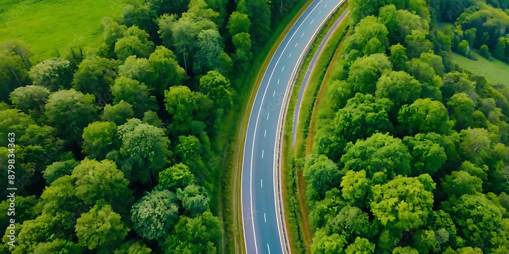 Aerial view of a winding road through a lush green forest, perfect for travel, transportation, or environmental-themed projects.