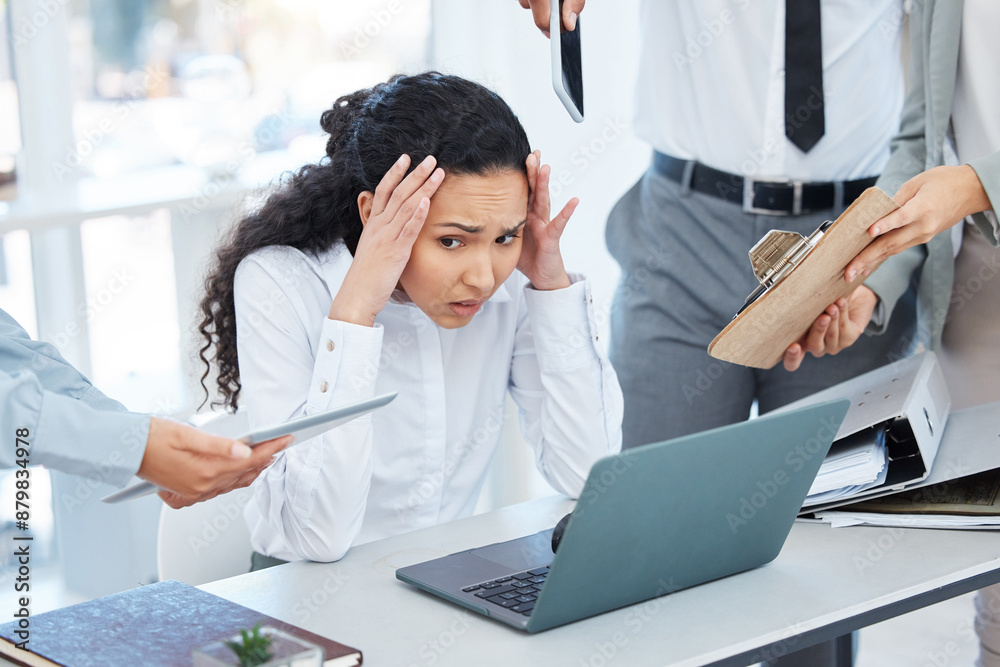 Obraz premium Woman, multitasking and headache in stress, worker or mental health for time management. Female person, overwhelmed and frustrated with exhausted, anxiety or tired in job as market research analyst