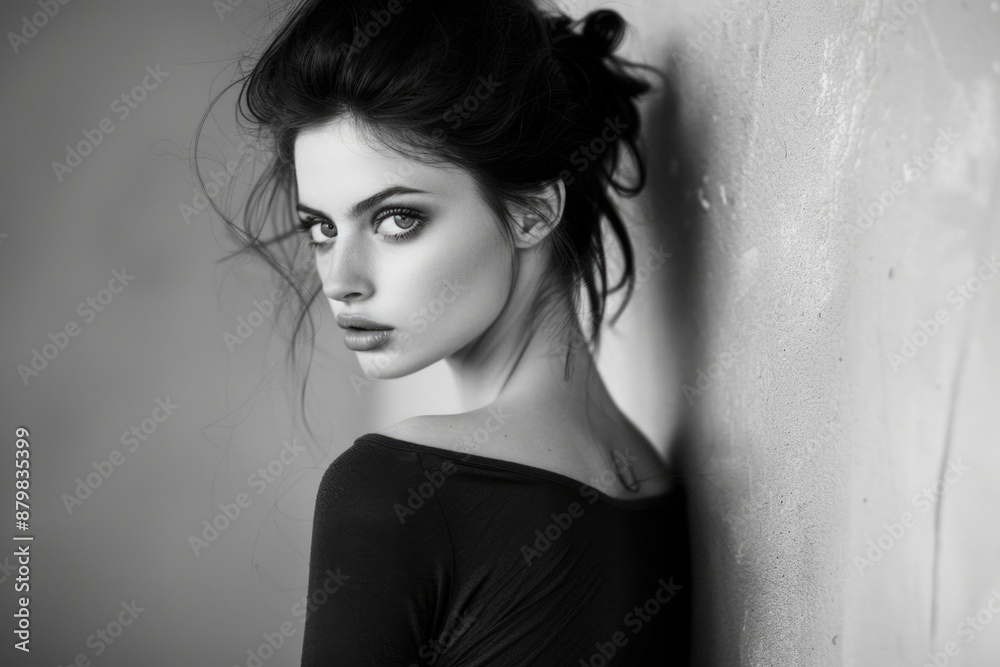 A woman with dark hair and a black top gazes over her shoulder, her intense expression captured in a black and white photograph A woman with dark hair and a black top gazes over her shoulder, her intense expression captured in a black and white photograph