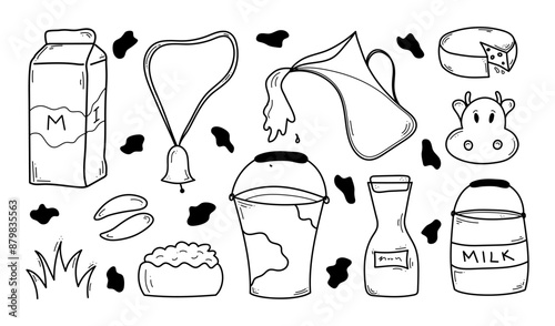 Hand drawn dairy product set with cow spots. Doodle milk elements. Cheese, jar, curd, cup, bucket, udder. Best for market background