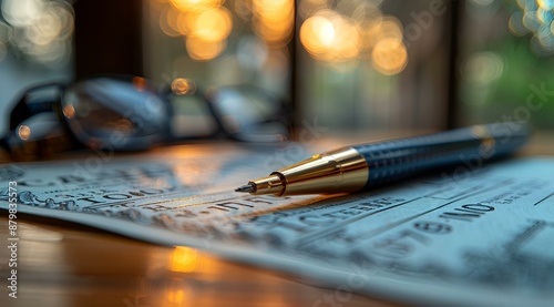 A pair of glasses and a pen lying on a sheet of paper.