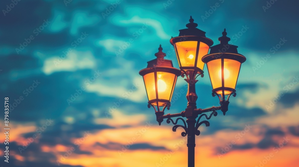 A street lamp with three lights is lit up in the evening. Generate AI image A street lamp with three lights is lit up in the evening. Generate AI image