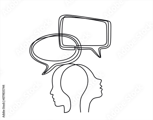 Continuous one lin drawing of two people talking, one person is speaking and the other listening with speech bubbles above their heads