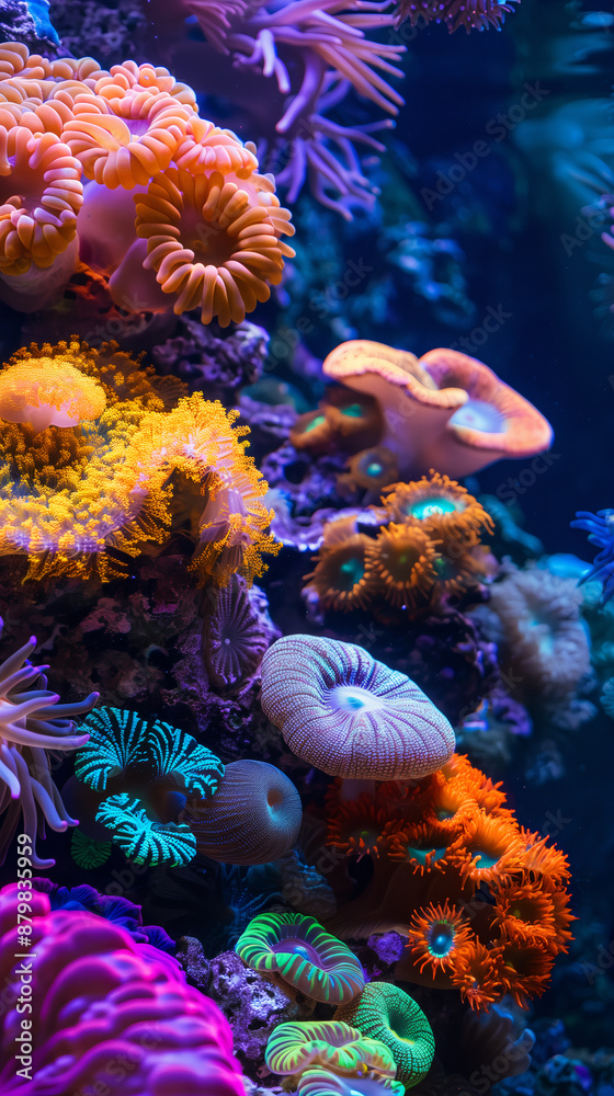 Fototapeta premium Vibrant coral reef in orange and blue colors, underwater photography, closeup, Generative AI