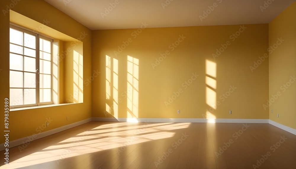 Fototapeta premium A yellow empty room with shadows of a window, empty wall background