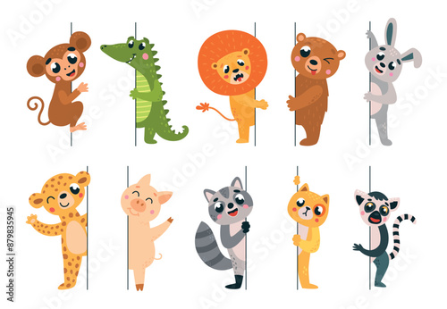Wild animals peeking. Animal peeping out vertical lines, look out and welcomes. Cartoon crocodile lion bear raccoon monkey classy vector characters