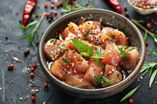 Marinating raw chicken in teriyaki sauce for barbecue