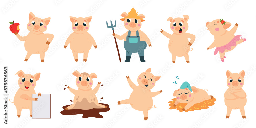 Cute pigs. Cartoon funny pigs in different poses. Animals sleep dancing eating welcomes and rejoice. Childish mascots, farm animal classy vector set Cute pigs. Cartoon funny pigs in different poses. Animals sleep dancing eating welcomes and rejoice. Childish mascots, farm animal classy vector set