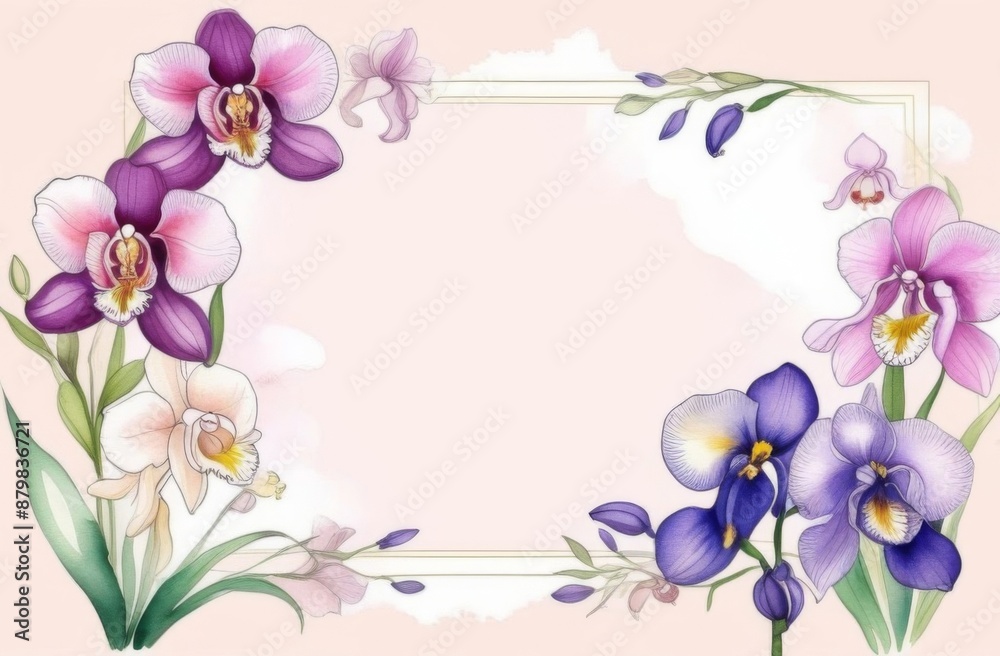 Fototapeta premium Frame of delicate orchids and lilac irises on a light pink background with space for text