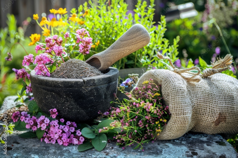 Mortar and sack containing healing herbs for herbal medicine Mortar and sack containing healing herbs for herbal medicine