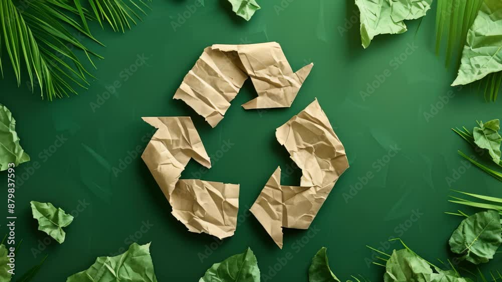 Recycling logo sign made of crumpled paper, zero waste, reuse concept with copy space