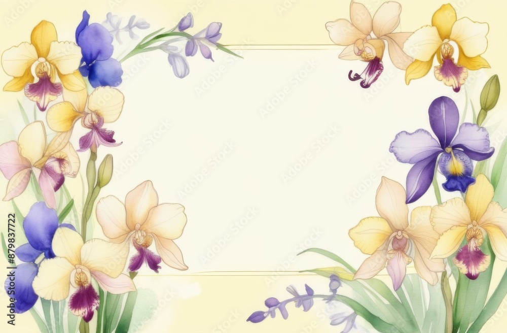 Frame of delicate orchids and lilac irises on a light beige background with space for text Frame of delicate orchids and lilac irises on a light beige background with space for text
