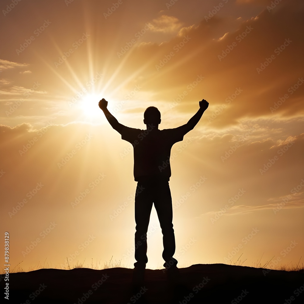 The powerful silhouette of a person raising their arms triumphantly, backlit by a brilliant sunrise The powerful silhouette of a person raising their arms triumphantly, backlit by a brilliant sunrise