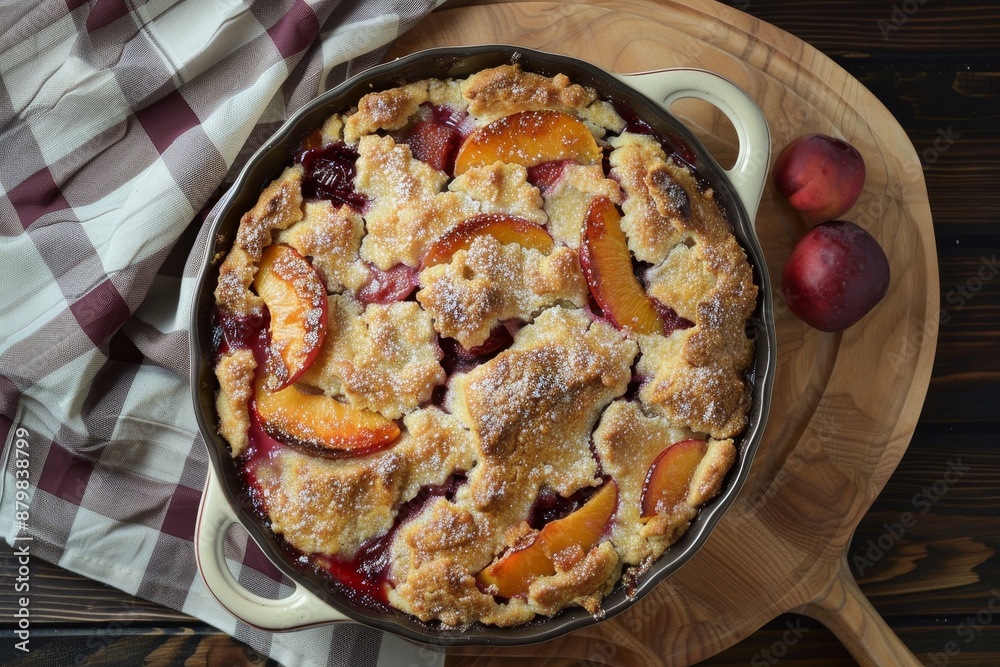 Overhead view of a tasty peach cobbler on a wood stand Overhead view of a tasty peach cobbler on a wood stand