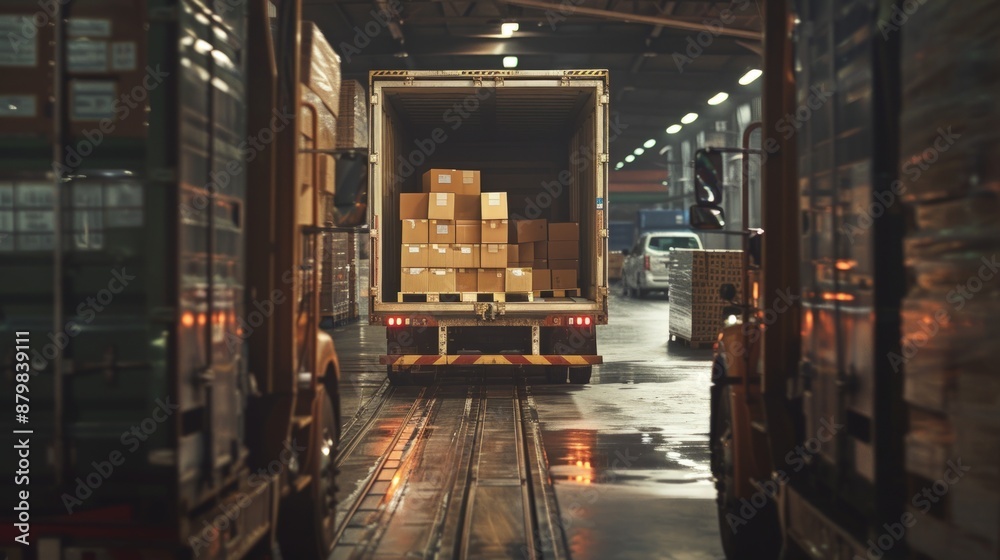 A truck is filled with boxes and pallets. Generate AI image A truck is filled with boxes and pallets. Generate AI image