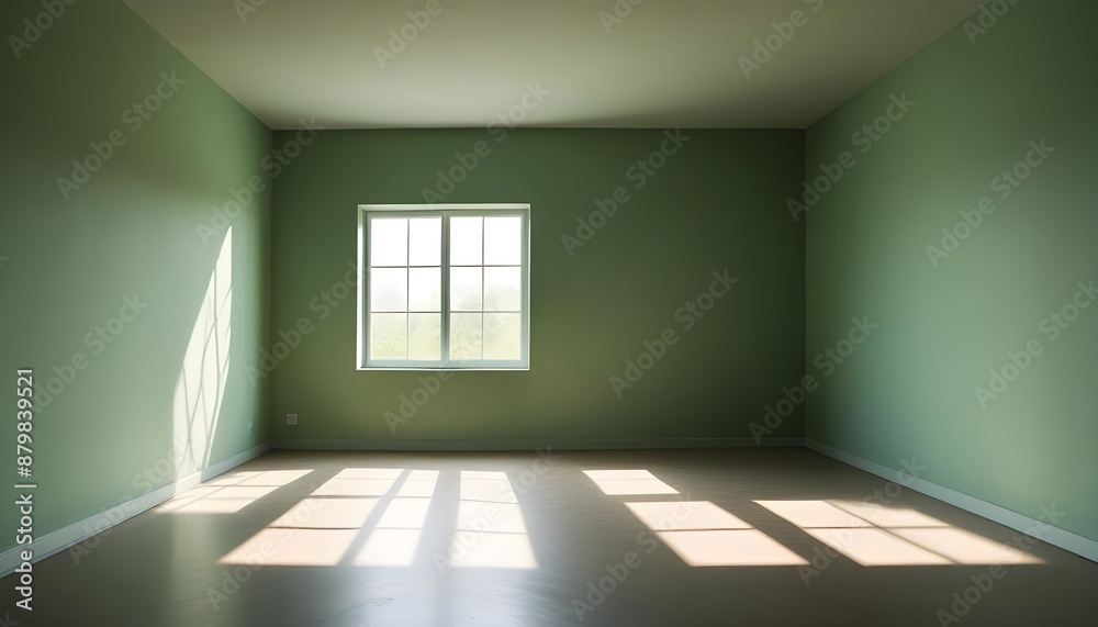 Fototapeta premium A green empty room with shadows of a window, empty wall background