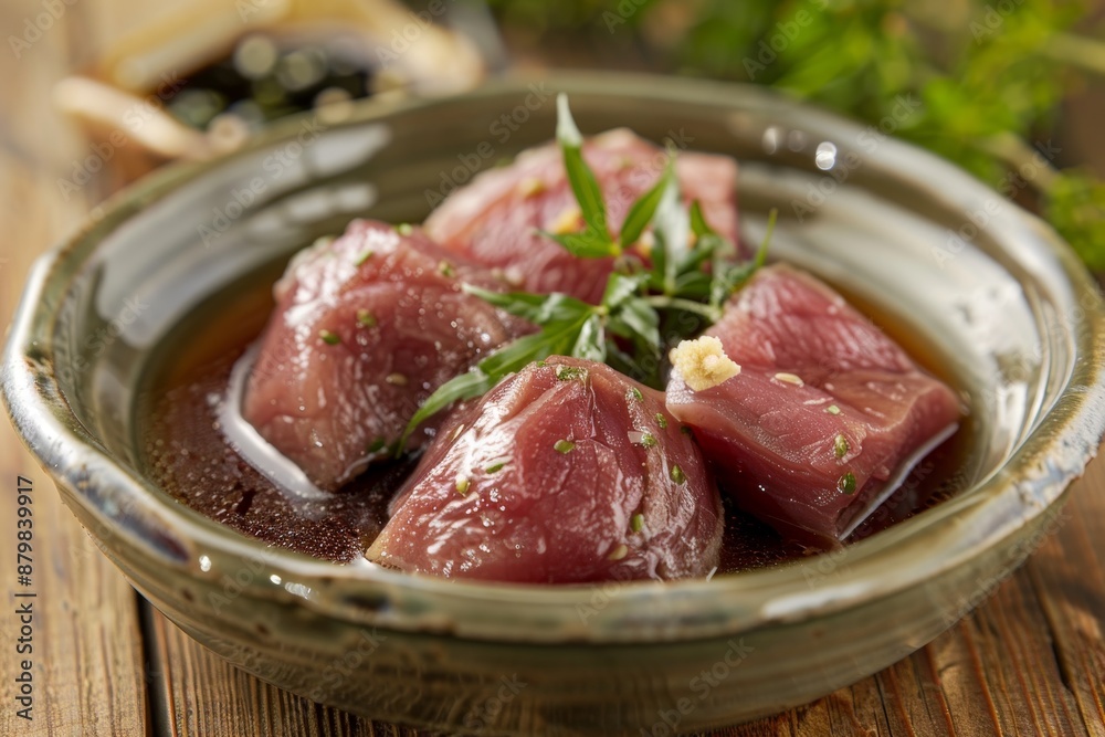 Pickled pork cheeks in dish on table Pickled pork cheeks in dish on table