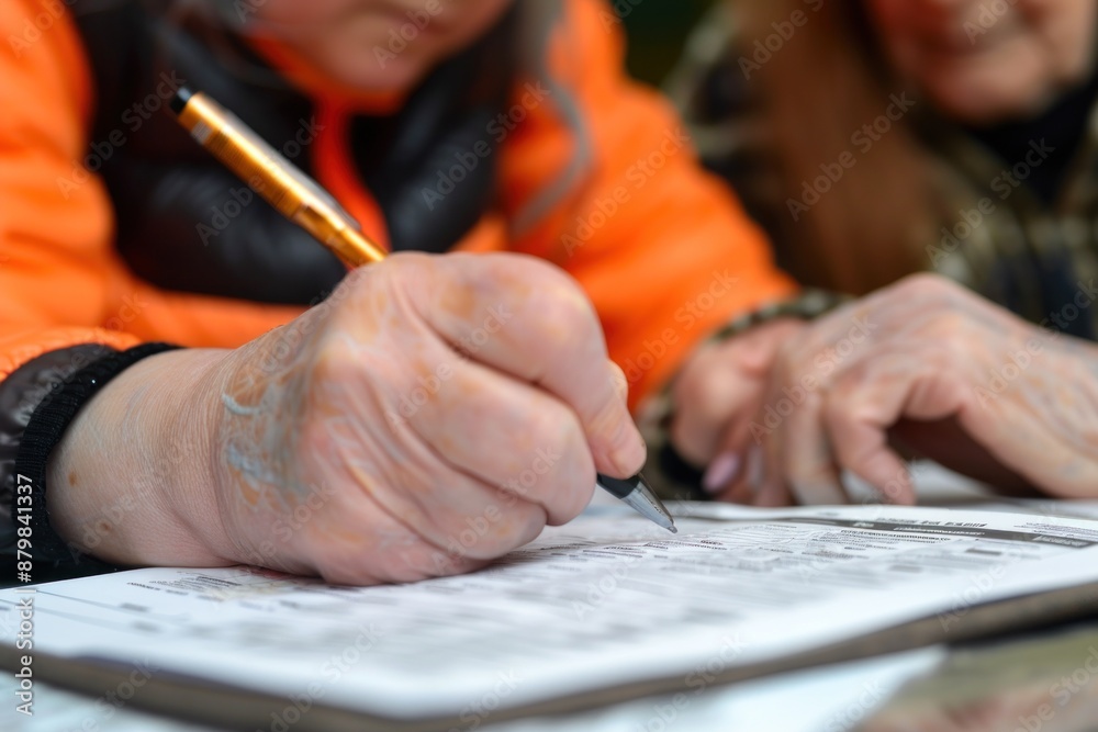 Close-up of a hand writing on a document. Close-up of a hand writing on a document.