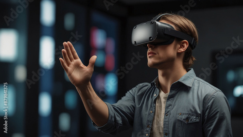 Young Man Using VR Headset to Explore Virtual Reality Environment Indoors