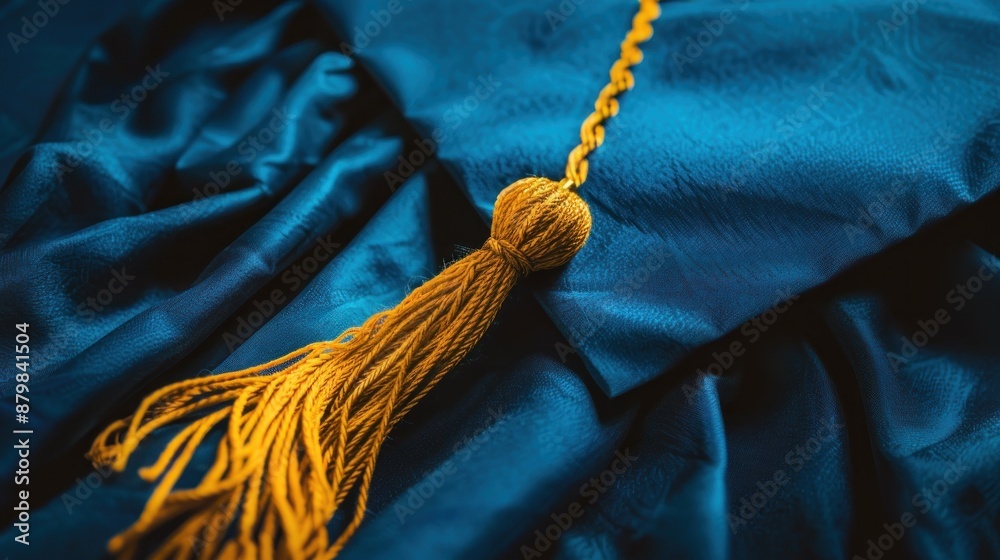 Close-up of a gold tassel on a blue graduation gown. Close-up of a gold tassel on a blue graduation gown.