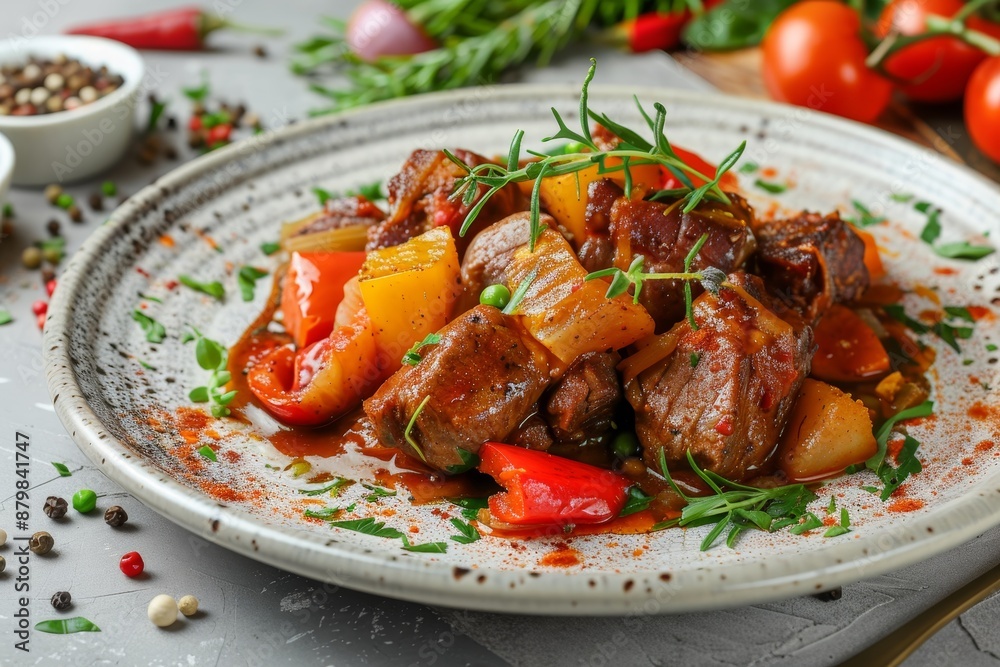 Pork cheeks with vegetables Spanish or German cuisine grey background Pork cheeks with vegetables Spanish or German cuisine grey background